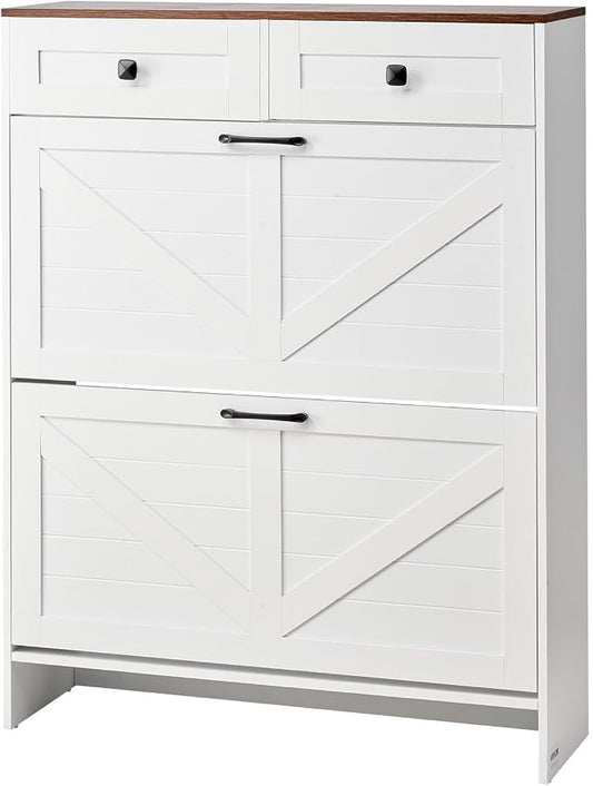 VEVOR Shoe Cabinet with 2 Flip Drawers, Farmhouse Shoes Storage Cabinet with 2 Drawers and Anti-Tipping Device, Freestanding Shoe Organizer Ideal for Entryway, Hallway, Bedroom, Living Room, White