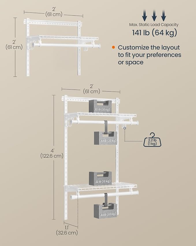 SONGMICS HOME Closet System, Closet Insert Organizer, 2 ft, Adjustable Metal Shelving Unit with 2 Hanging Rods, 2 Shelves, and Hooks, for Pantry Mudroom Garage Basement, Cloud White URGR030W01