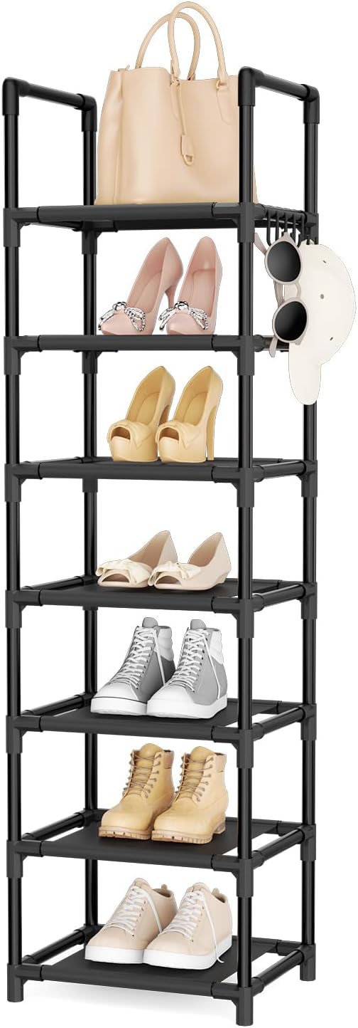 LANTEFUL Tall Shoe Rack 7 Tier Narrow Shoe Shelf Storage for 7-14 Pairs Shoe and Boot, Sturdy Shoe Storage Space Saving Corner Shoe Rack Organizer for Closet, Entryway, Living Room, Black