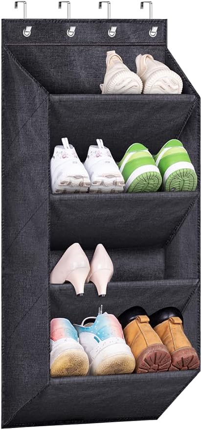 SLEEPING LAMB Over the Door Shoe Rack for Closet, Short Hanging Shoe Organizer with Large Deep Pockets, Narrow Door Sneaker Storage for Boots in RV, Dorm, Black