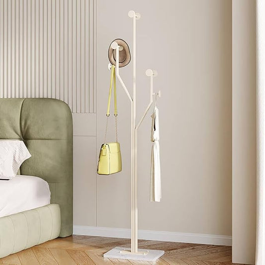 JIAYUEJU Freestanding Coat Rack Coat tree for Entryway Bedroom (White) | Tree-shaped, Easy Assembly, Space Saver, Heavy Duty, Metal Frame, Marble Base, 8 Hooks, Living Room, Office, Corner