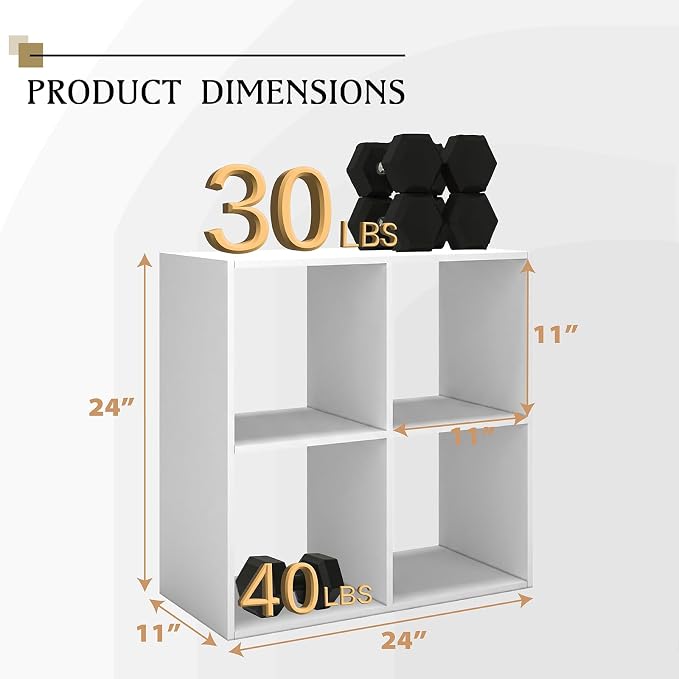 WannabeMyself【Sturdy Build&Easy Assembly】 4 Cube Storage Organizer with Anti-Tipping Kits,Reversible Open Back Book Shelf, Bookcase for Living Room,Bedroom,Entrance Hall,Office,24.1×11.4×24.1,White
