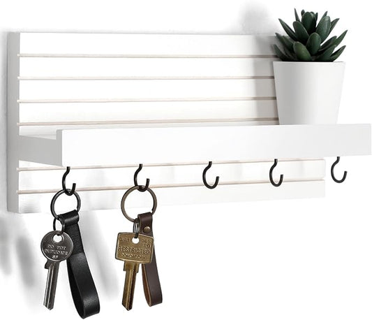 Lwenki Decorative Key Holder for Wall with Shelf, Entryway Shelf with Hooks Holds Leashes, Jackets and Glasses – Sturdy Wood Keyholder Entrance Hanger with Mounting Hardware (White, Medium)