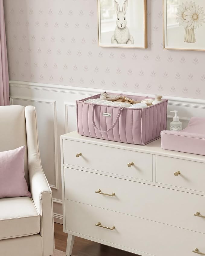 Blissful Diary Baby Diaper Caddy Organizer, Stylish Storage Basket for Newborn Essentials and Diaper Station, Gift for Baby Shower and Registry Must-Have, Mauve Pink | Stylish Storage Basket