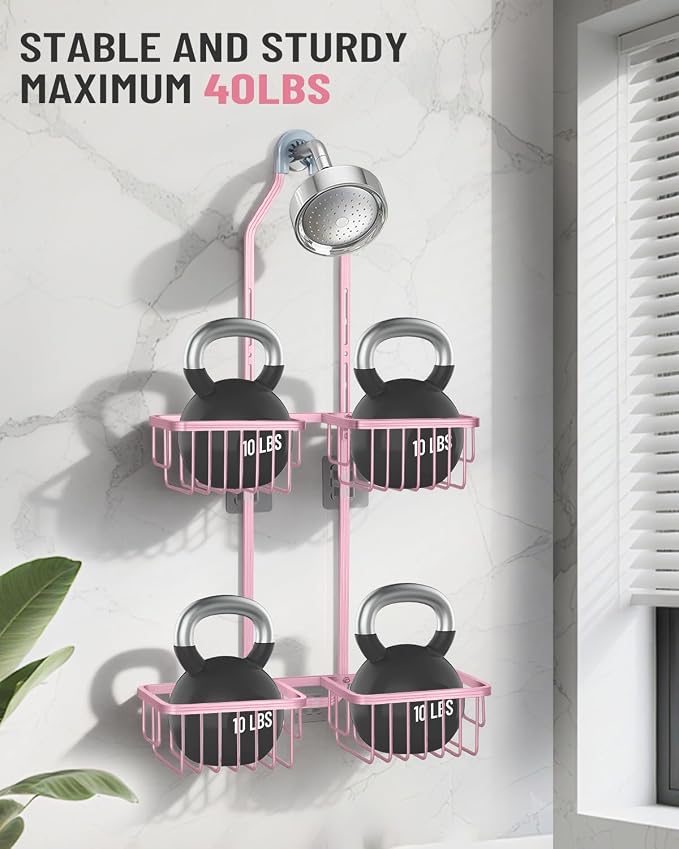 Adjustable Shower Caddy Hanging for Handheld Showerheads - Never Rust Shower Hanging Organizer, Upgraded Bathroom Shower Rack with Soap Basket, Hooks and Toothbrush Holder (Pink)