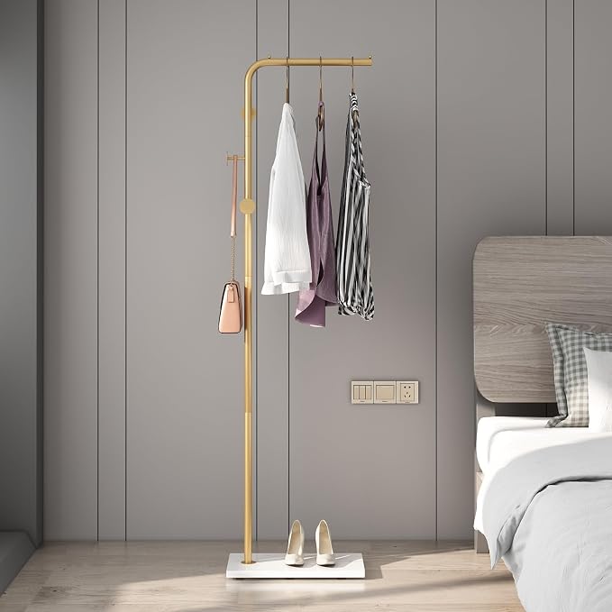 TIEOU Gold Coat Racks, Metal Coat Racks Freestanding with Crossbar and 3 Hooks, Modern Coat Hanger with Marble Base, L Shaped Coat Stand for Entryway, Bedroom, Living Room, Office