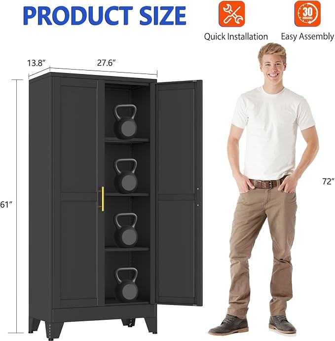 GAIOUS 61''Tall Metal Garage Storage Cabinet,File Cabinet with Door and Adjustable Shelves, Outdoor Steel Tool Cabinet for Home,Office,Warehouse,Garage,Black