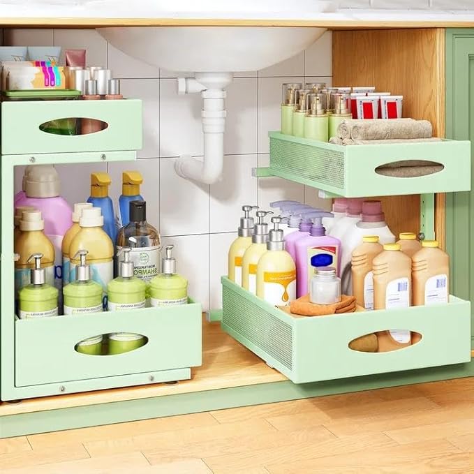 Under Sink Organizer, 2-Pack Pull Out Cabinet Organizer 2 Tier Metal Slide Out Storage Shelf Rack, L-Shaped Adjustable Height,Mesh Sliding Drawer for Kitchen, Bathroom, Laundry, Pantry, Green, XL