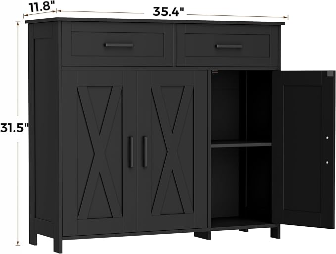 Homhedy Coffee Bar Storage Cabinet with Drawers, Kitchen Buffet Cabinet | Sideboard Cabinet with Doors, Farmhouse Buffet Cabinet, Adjustable Shelves, for Kitchen / Dining / Living Room, Black