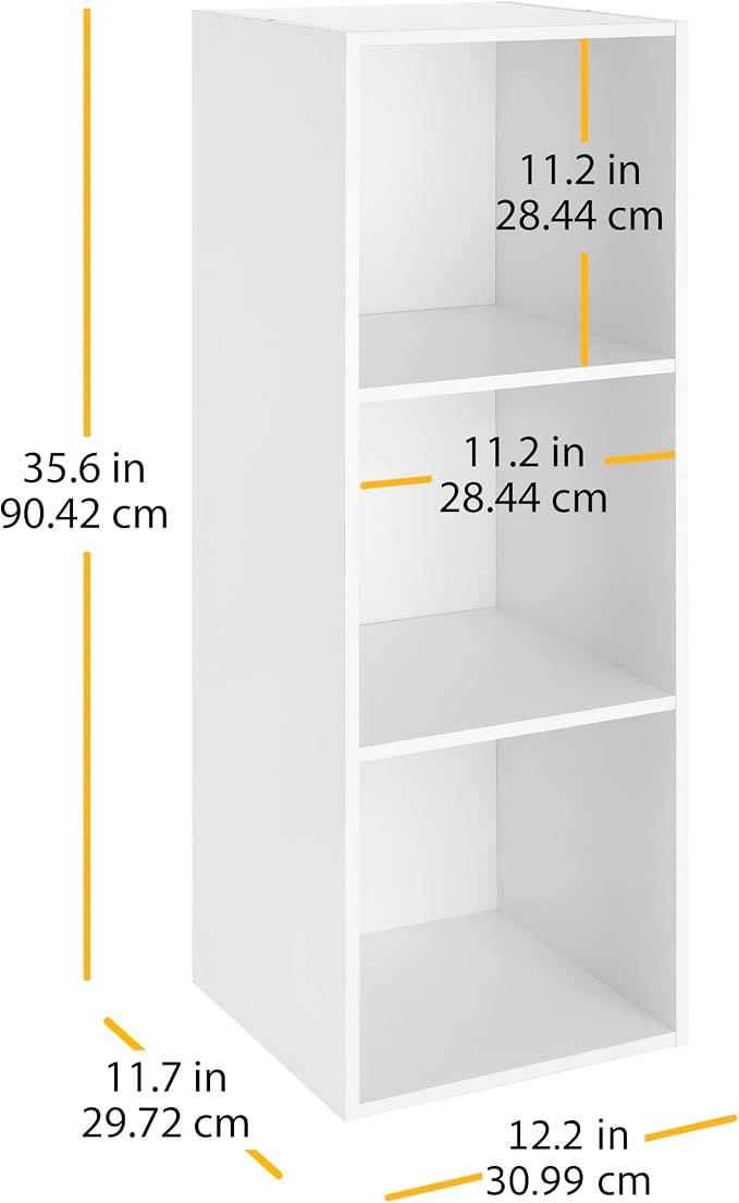 Whitmor 3 Cube Bookcase, 3 Tier Stackable MDF Bookself, Open Storage Display Organizer, Storage Cabinet for Living Room, Bedroom, Home, Office, 12.2" L x 11.7" W x 35.6" H, White