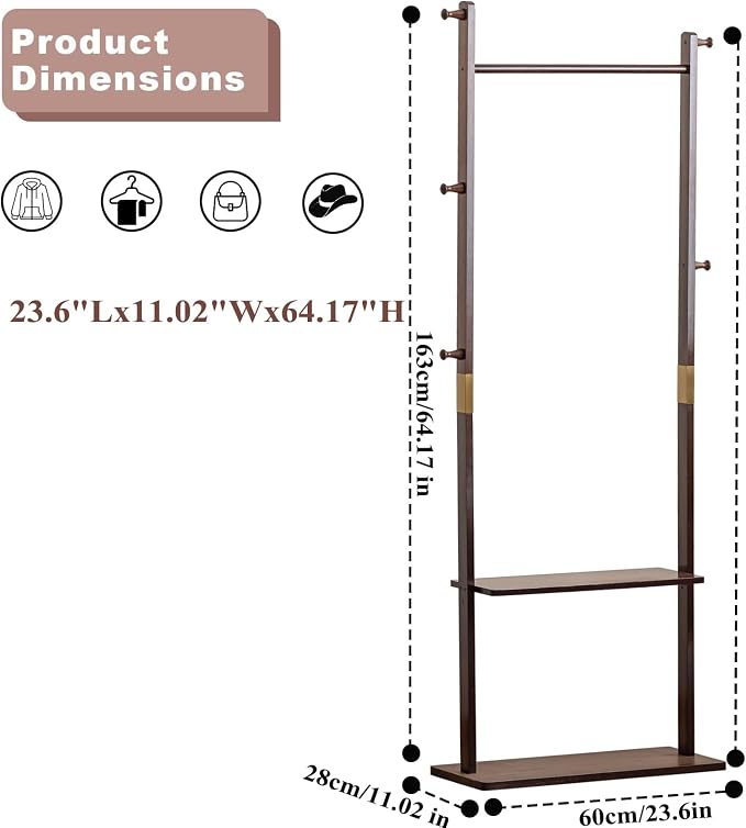 SOBIBO Wood Coat Rack Freestanding with Shelves & Hooks, 23.6inch, Walnut | Solid Wood Frame, 3-in-1 Clothes Rack, Garment Rack with Storage for Bedroom, Hallway, Entryway, Office, Living Room