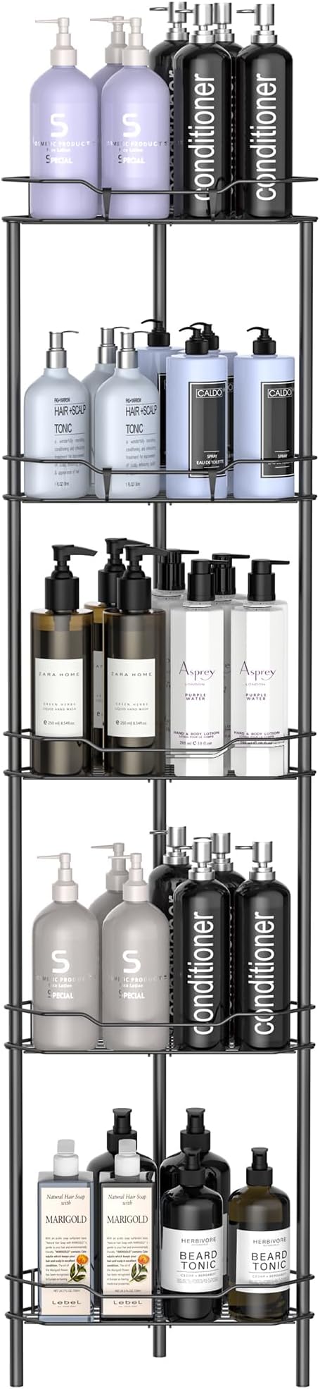 HuggieGems 5 Tier Floor Standing Corner Shower Caddy Organizer Shelf with Hooks, Bathroom Shelves Stand Rack, Matt Black