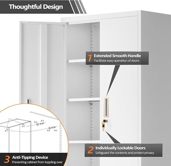 VINGLI Rolling Metal Storage Cabinet with Adjustable Shelves, 71'' Tall Garage Storage Cabinet with Wheels, Locking Tool Cabinets for Home Office Garage Gym School (White)