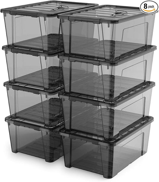8 Pack Black Clear Plastic Storage Bins with Lids/Handle, Stackable Small Latching Storage Boxs for Organization （ 5 Quart ）