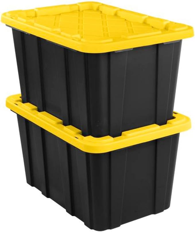 Sterilite Industrial Storage Tote with Lids for Garage, 27 Gallon, 12-Pack | Heavy-Duty and Stackable Utility Box Containers for Home, Office, and Basement Organization, Black/Yellow