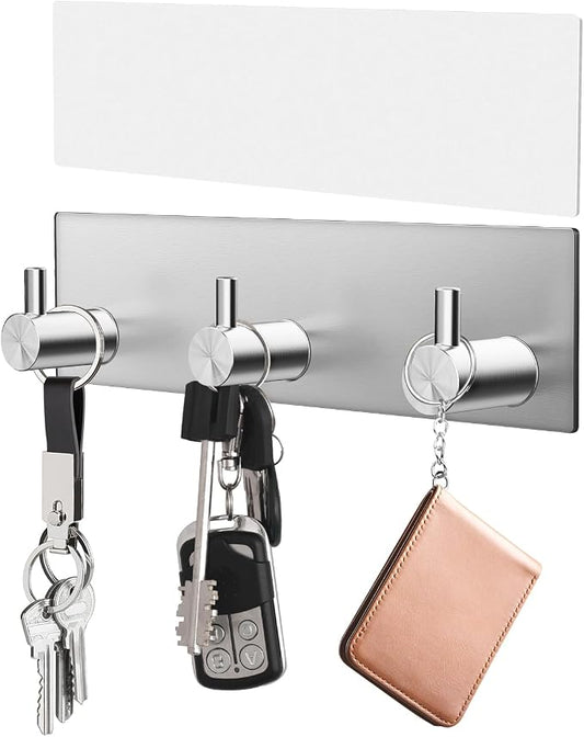 VIS'V Key Holder Wall Mount, Small Adhesive Key Hanger with 3 Hooks, Silver | Metal Material, No Drilling, Extra Adhesive Strip, Suitable for Entryway, Hallway, Doorway, Kitchen, Garage, Camper