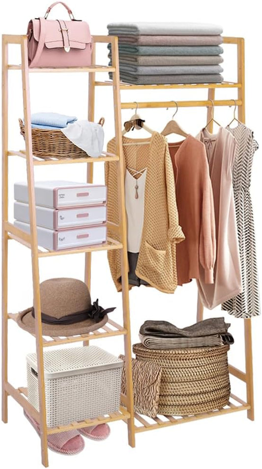 Ufine Bamboo Garment Rack with 7-Tier Storage Shelves & Hanging Rod | Portable Clothes Hanging Rack Minimalism Wardrobe Closet Organizer for Living Room
