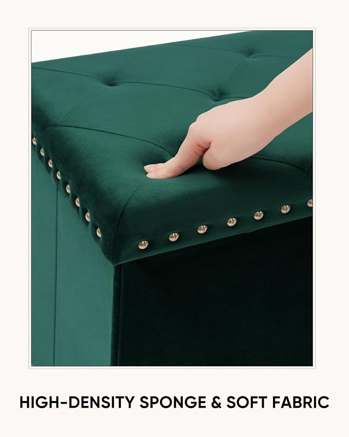 Velvet Storage Ottoman Bench, 43.3" Upholstered Tufted Ottoman with Storage, Folding Footrest Bench for Bedroom, Living Room, or Entryway, Holds up to 660 LBS,Green