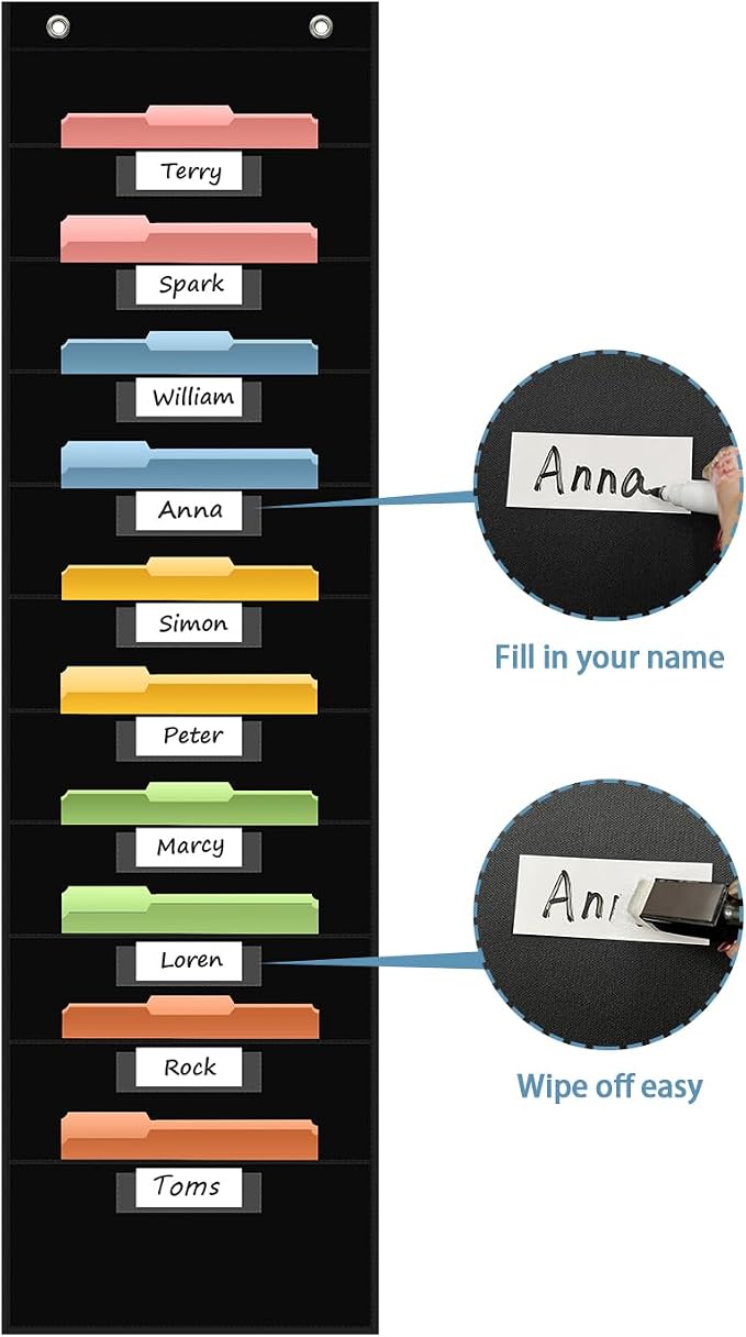 ANCOMEDO 10 Pocket Hanging Wall File Organizer with 10 Nametag Pockets, File Pocket Chart for Classroom and Office. Perfectly Stores Assignments, Files, Scrapbooks, and Documents.