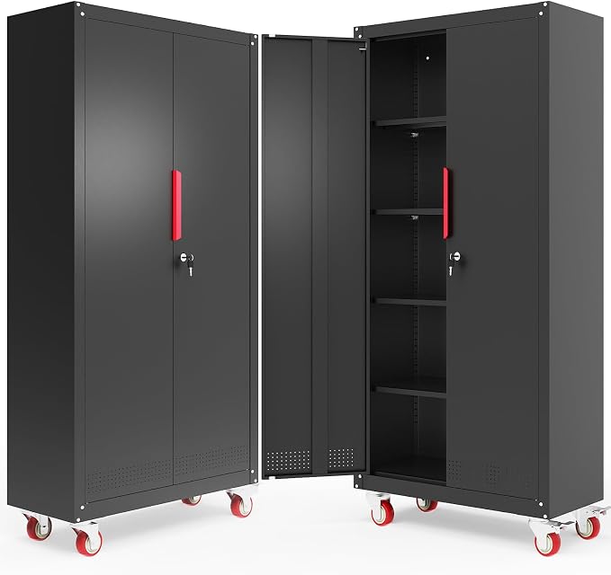 Metal Storage Cabinet with Wheels,71"Garage Cabinets with Lock Door | Heavy-Duty Garage Tool Cabinet with 4 Adjustable Shelves,Garage Cabinet and Storage System for Garage,Home Workshop & Office