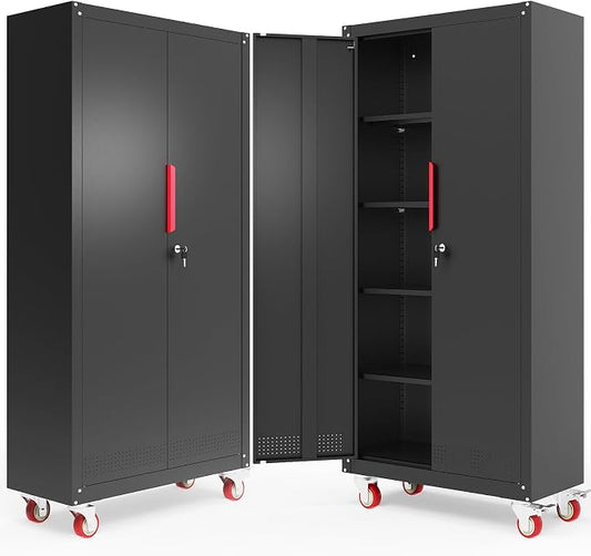 Metal Storage Cabinet with Wheels,71"Garage Cabinets with Lock Door | Heavy-Duty Garage Tool Cabinet with 4 Adjustable Shelves,Garage Cabinet and Storage System for Garage,Home Workshop & Office
