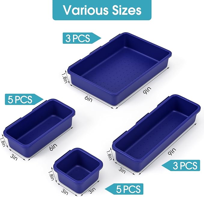 16 PCS Drawer Organizer Set, 4 Size Makeup Drawer Divider Organizer With Non-Slip Pads, Interlocking Plastic Storage Bins for Office,Jewelry Vanity,Gadgets, Bathroom,Kitchen, Navy