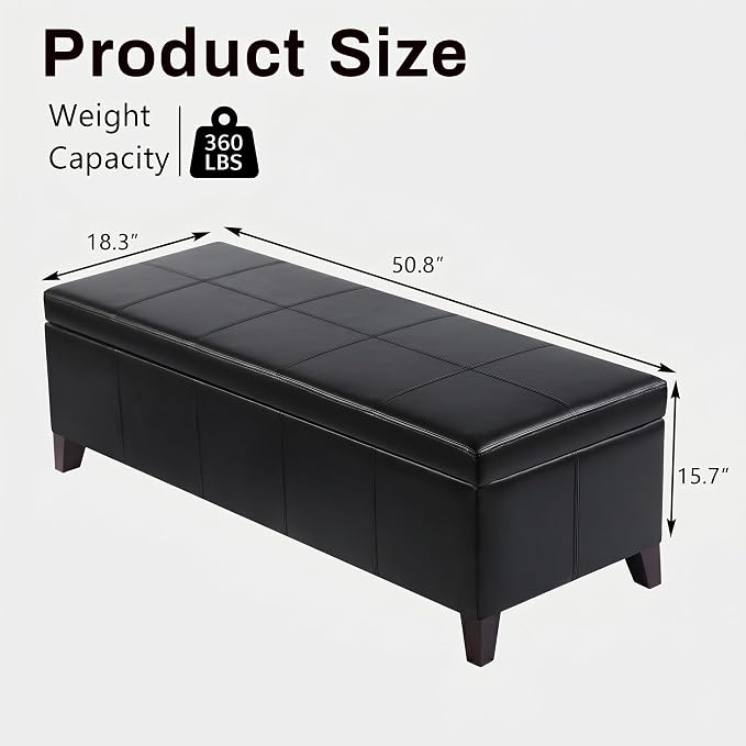 51" Black Faux Leather Storage Ottoman Bench | Foot Rest with Hinged Lid, Long Rectangle Bed Bench for Living Room, Bedroom, Entryway