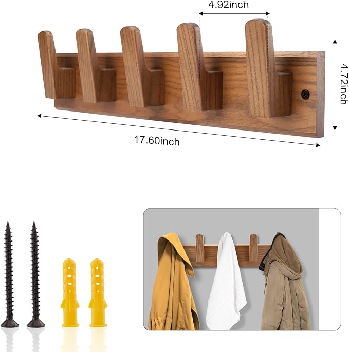 Wood Coat Rack Wall Mount with 5 Hooks, 17'' Hole to Hole Wall Coat Rack for Hanging Coat Jacket Backpack, Natural Wall Coat Hook