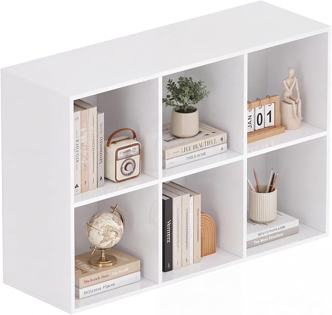 Book Shelf, Wooden Cube Storage Organizer with 11" Open Cubes, Stackable Modular Bookcase for Room Divider Storage, 2 Tier Bookshelf for Living Room, Bedroom, Office (White, 6-Cube)