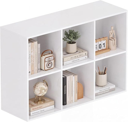 Book Shelf, Wooden Cube Storage Organizer with 11" Open Cubes, Stackable Modular Bookcase for Room Divider Storage, 2 Tier Bookshelf for Living Room, Bedroom, Office (White, 6-Cube)