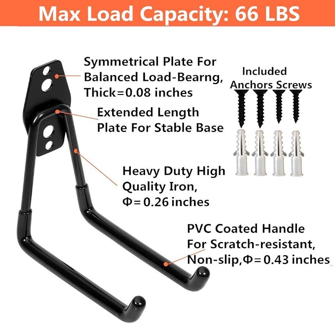 Storage Double Hooks Garage Space Saver Organizer Utility Hanger,Rack Extended Wall Mount Tool Heavy Duty Steel Holder with Anti-Slip Coating, 4 Pack 5.1" Garage Hook