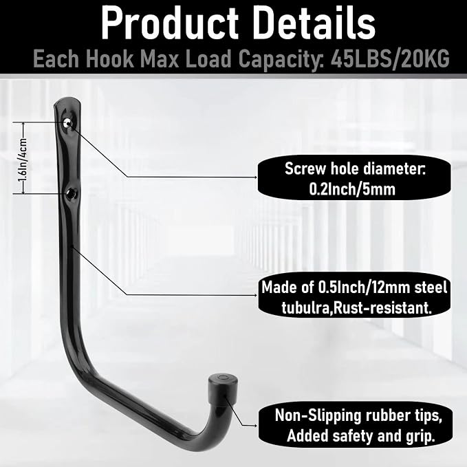 Heavy Duty Garage Hooks, 6.7Inch Wall Mount Garden Tools Storage Hook for Bike, Ladder, Chair, Garden Hose, Power Tool, Indoor Outdoor