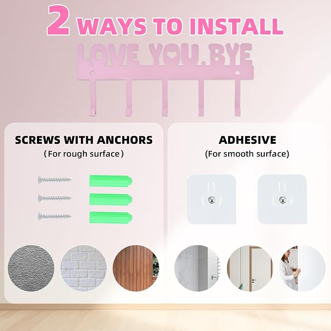 Adhesive Key Hanger Rack, Pink, 10x4 Inch | 5-Hook, Wall Mount Organizer, No Drill Easy Install, For Home Entryway