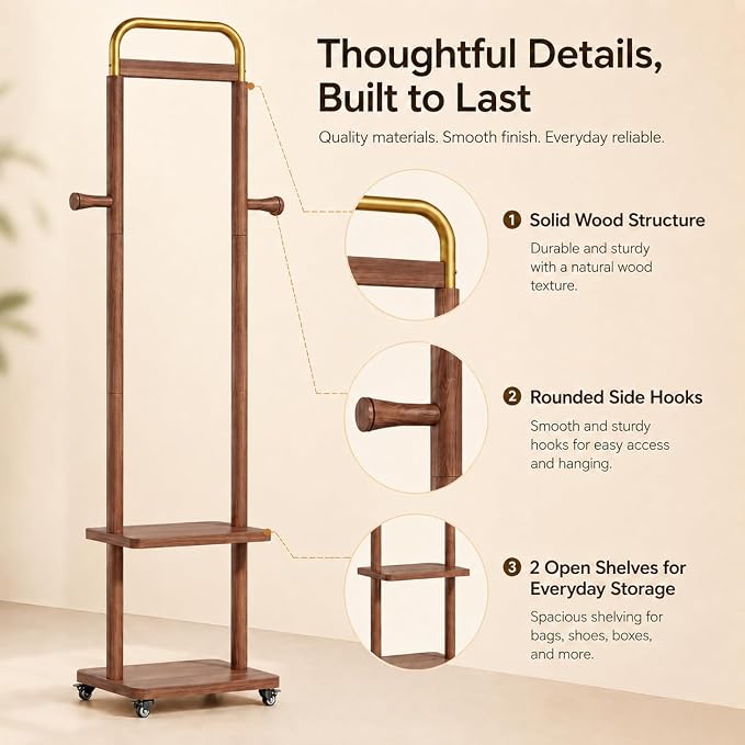 Solid Rubberwood Coat Rack – 71.2" Tall Standing Rack with Locking Wheels, 2-Tier Shelves & Side Hooks, Slim Hall Tree for Entryway or Bedroom (Walnut Brown 15.7" W x 71.2" H)