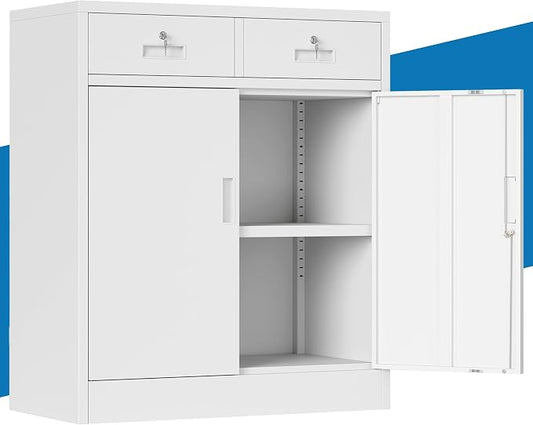 Metal Storage Cabinet, 36" Locking Cabinet with Adjustable Shelves for Garage, Office (White, 2 Drawers)