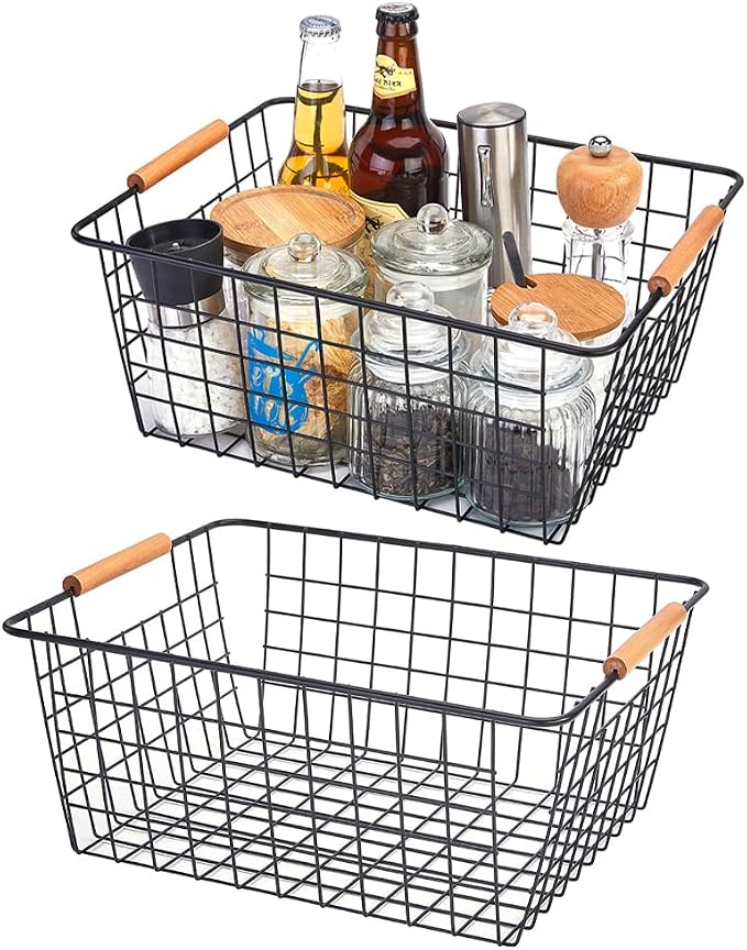 LeleCAT Large black wire basket for Organizing with Wooden Handles,pantry refrigerator organizers and storage,Snack Storage Baskets for Cabinets, Closets, Bedrooms, kitchen -2pack（Black）