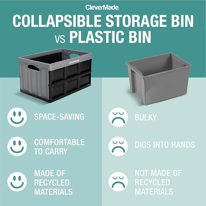 CleverMade Collapsible Storage Bins, 62L, 3 Pack, Obsidian | Extra-large bins support 100 lb for groceries, tools, and gear. They stack securely and fold to 2.75 inches for storage.