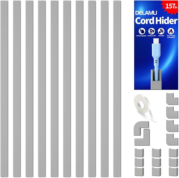 Delamu 157in Cord Covers for Wires on Wall, Cord Hider for 1 Cord, Paintable Cable Hider, Cable Management Wire Covers for Cords, W0.55 H0.4in, Grey