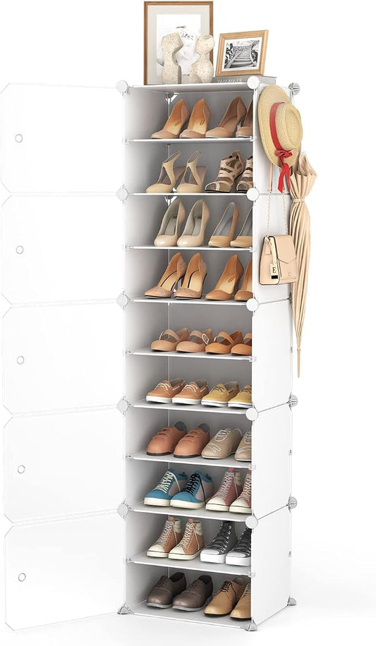 LANTEFUL 10 Tier Shoe Storage Cabinet with Door, Portable Narrow Organizer Rack for 20 Pairs, White Plastic with Hooks for Entryway or Bedroom