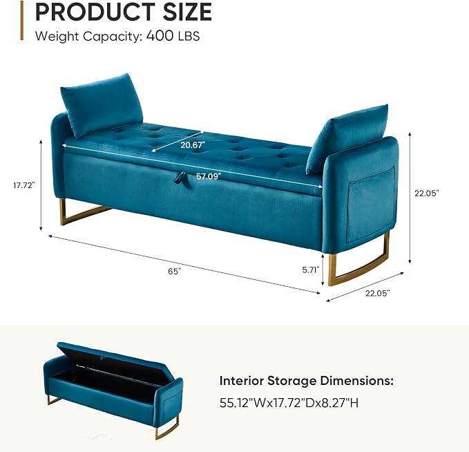 65" Storage Bench for Bedroom, Velvet End of Bed Bench, King Size Bed Benches for Foot with Tufted Button and Gold Legs, Upholstered Window Ottoman Benches with Armrests, Vintage Green