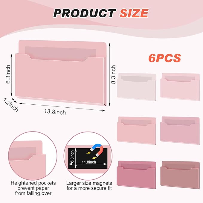 6 Pcs Magnetic Wall File Organizer Magnetic Wall File Holder Refrigerator Magazine Holder for Mail Letters Paper(Rose Pink,Horizontal-large)