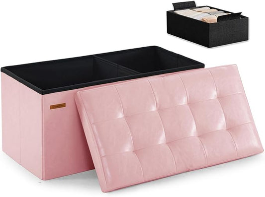HAUSFRAU Ottoman with Storage Bench Folding Foot Rest Baby Pale Pink | 31.5", Flip Lid, Small Upholstered Foldable Footrest Footstool, Bedroom Bench, Living Room Dorm Ottoman, Faux Leather