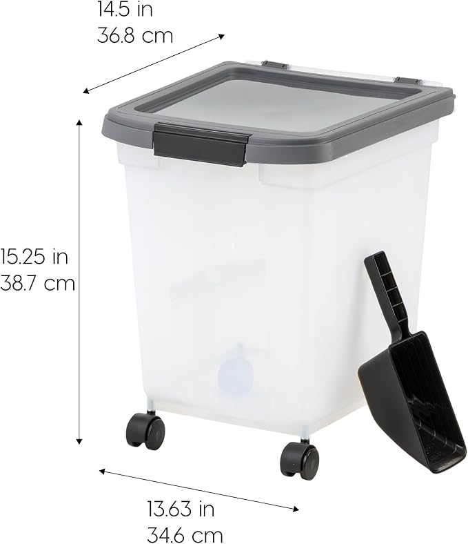 IRIS USA Dog Food Storage Container, Up to 25 lbs, White, Made in USA | Includes 2-Cup Scoop & Wheels, Airtight Seal, BPA-Free, Bird Seed, Cat food, Chicken Feed, Treats, Keeps Kibble Fresh