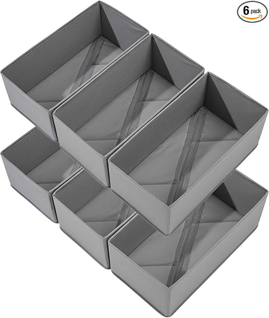 Bructhun Sock Drawer Organizer 6 Pack - Collapsible Fabric Storage Bins for Underwear Divider, Small Closet Organizers with 6 Compartments, Gray