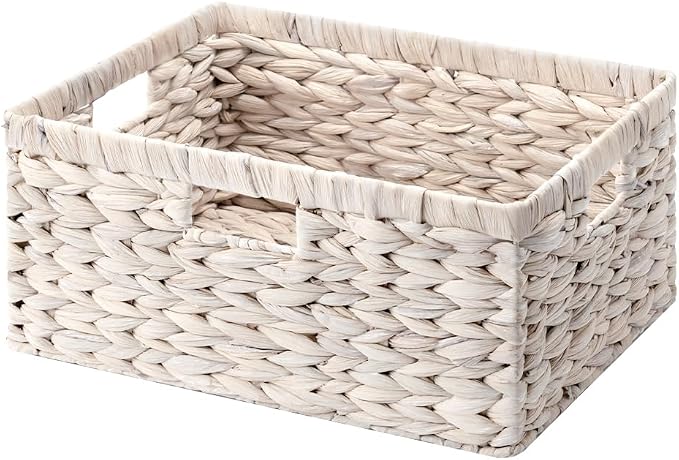 StorageWorks Extra Large Wicker Baskets for Storage, Water Hyacinth Storage Baskets for Shelves, Decorative Basket, White, 16½" x 13" x 7½", 1-Pack