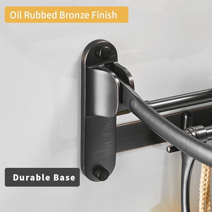 24 Inch Oil Rubbed Bronze Towel Racks, Bathroom Towel Shelf with Foldable Towel Bar Holder and Towel Hooks, Wall Mounted Multifunctional Bathroom Accessories, Double Towel Bars