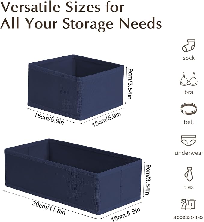 DIMJ Drawer Organizers Clothes, Set of 12 Dresser Organizer Bins, Fabric Closet Organizers and Storage, Shallow Drawer Dividers for Nursery, Clothing, Baby Clothes, Socks, Underwears, Tie (Navy Blue)