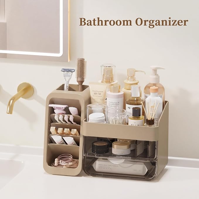 Makeup Organizer Countertop with DIY Adjustable Brush Holder for Vanity | Thickened Material, Large Bathroom Organizer Skincare Storage for Perfume, Lipstick, Nail Polish, Eyeshadow Palettes, Brown