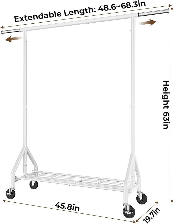 HYSEYY Heavy Duty Clothes Rack Load 450 LBS, Metal Garment Rack, Standing Rolling Clothing Rack for Hanging Clothes with Sturdy Wheels & Shelves, Portable Closet Wardrobe Rack,White