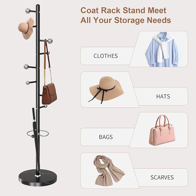 Coat Rack Stand, Black Metal Coat Rack Freestanding with 8 Hooks | Modern Coat Rack with Natural Marble Base,Modern Coat Hanger Stand, 3 Adjustable Coat Clothes Tree Stand for Office
